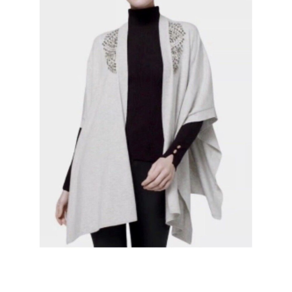 White House Black Market Crystal Embellished Ruana Wrap Poncho One Size Gray